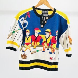 Vintage 80s Berek Baseball Novelty Graphic Hand Knit Cotton Sweater